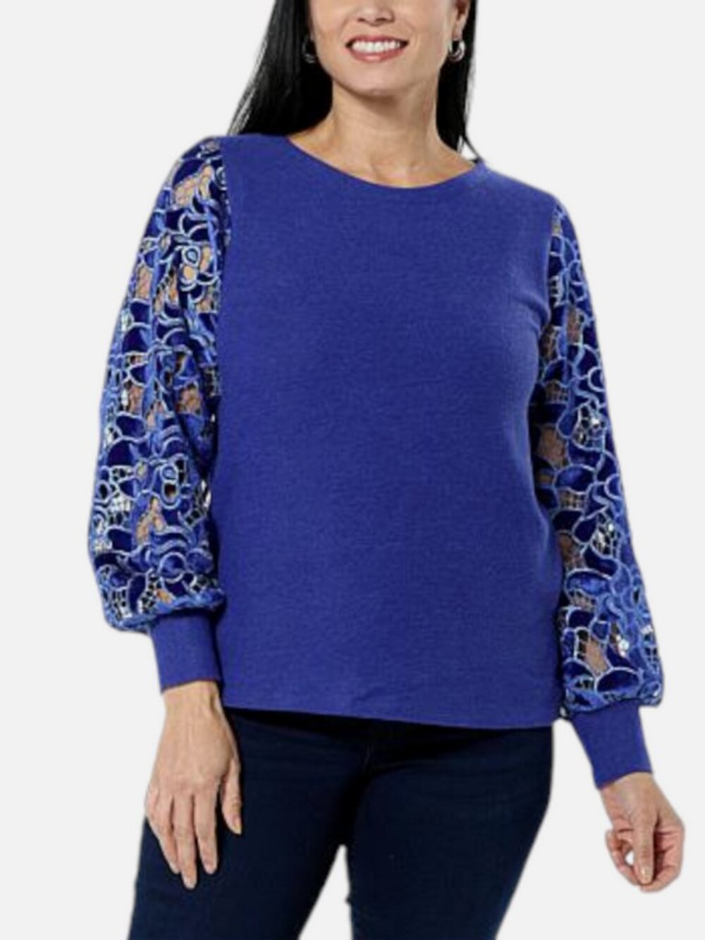 IMAN Women's Global Chic Sweater Top w/Lace Sleeves Sapphire XS, L